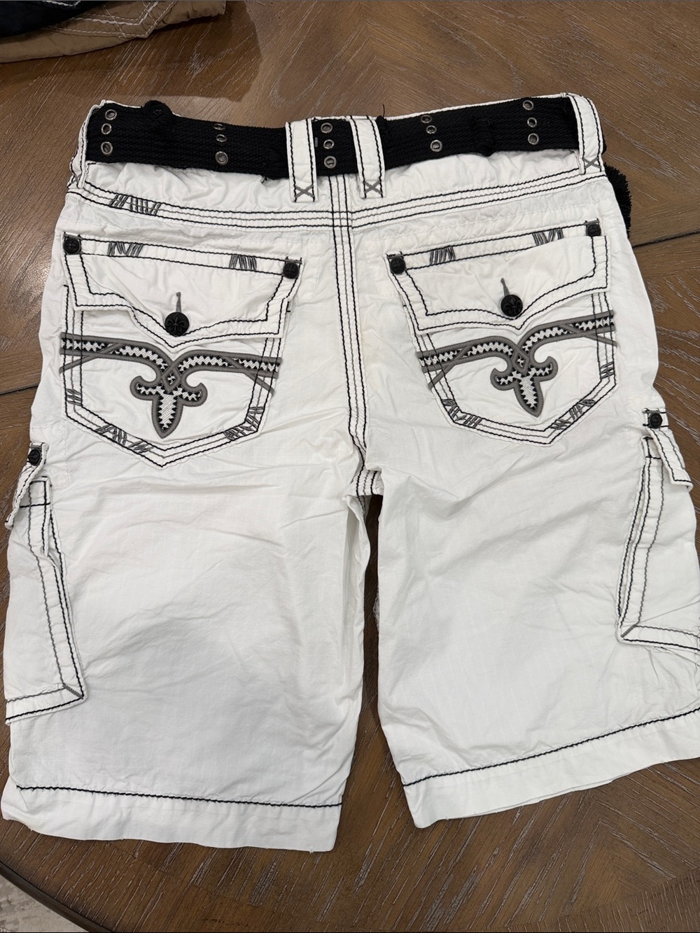Rock Revival White Cargo Shorts with Black Stitching